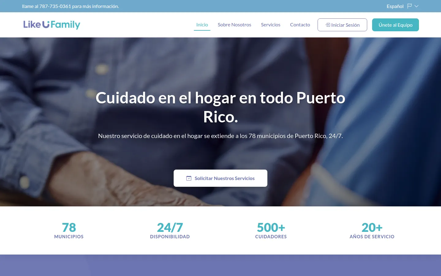 Like Family: public website home page with service area and request-service call to action (desktop)