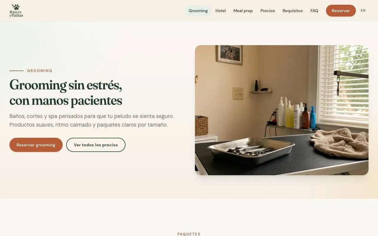 Raíces y Patitas: grooming page hero (desktop)