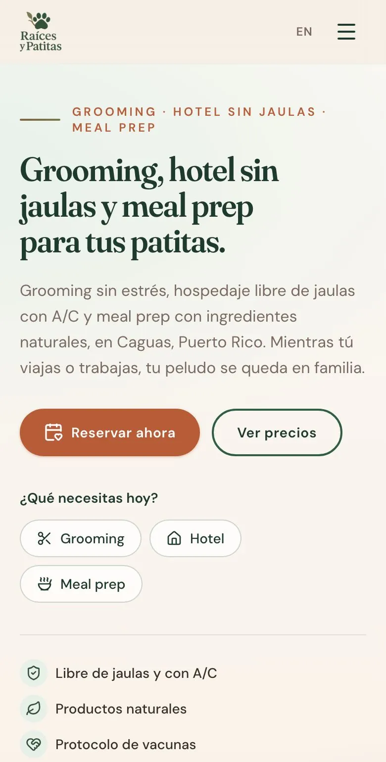 Raíces y Patitas: Spanish home page hero (mobile)