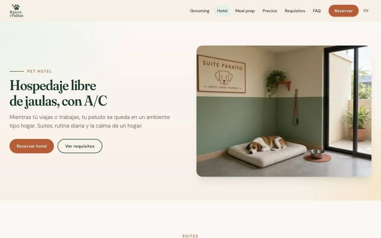 Raíces y Patitas: cage-free pet hotel page hero (desktop)