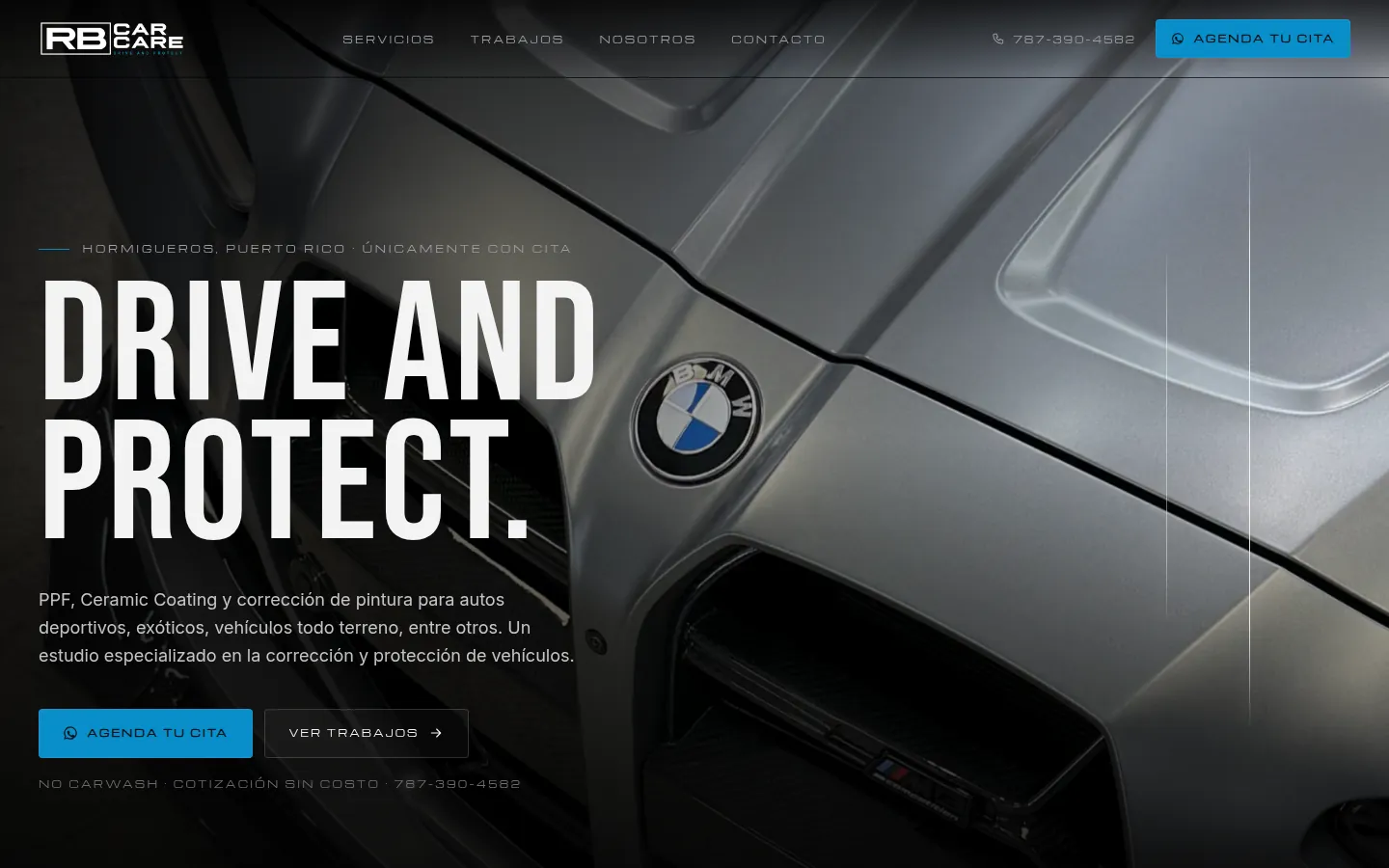 RB Car Care: home page hero, “Drive and Protect.” over a vehicle photo (desktop)