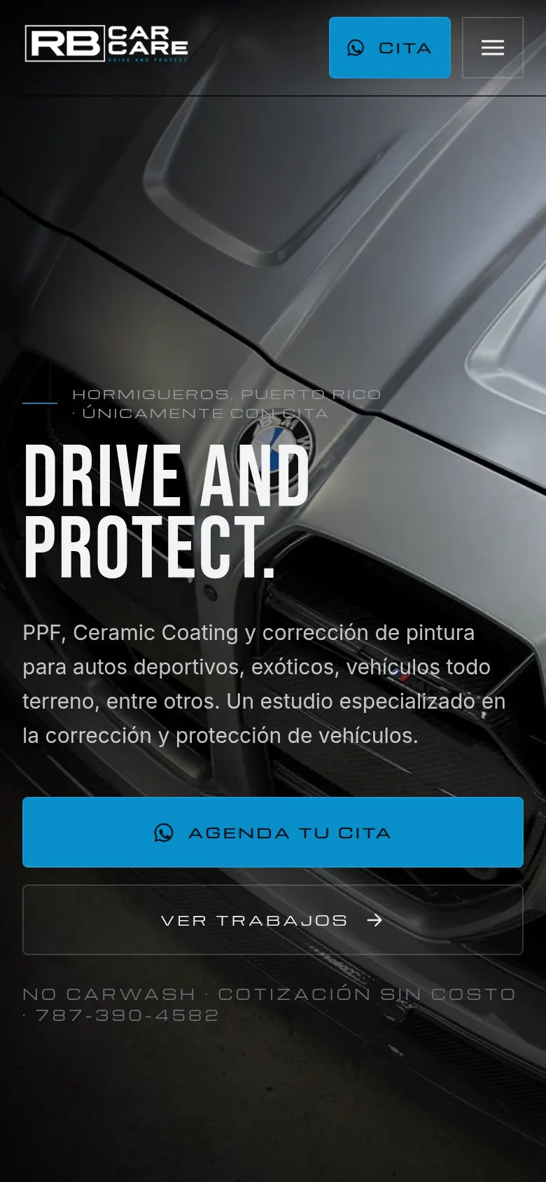 RB Car Care: home page hero with appointment button (mobile)