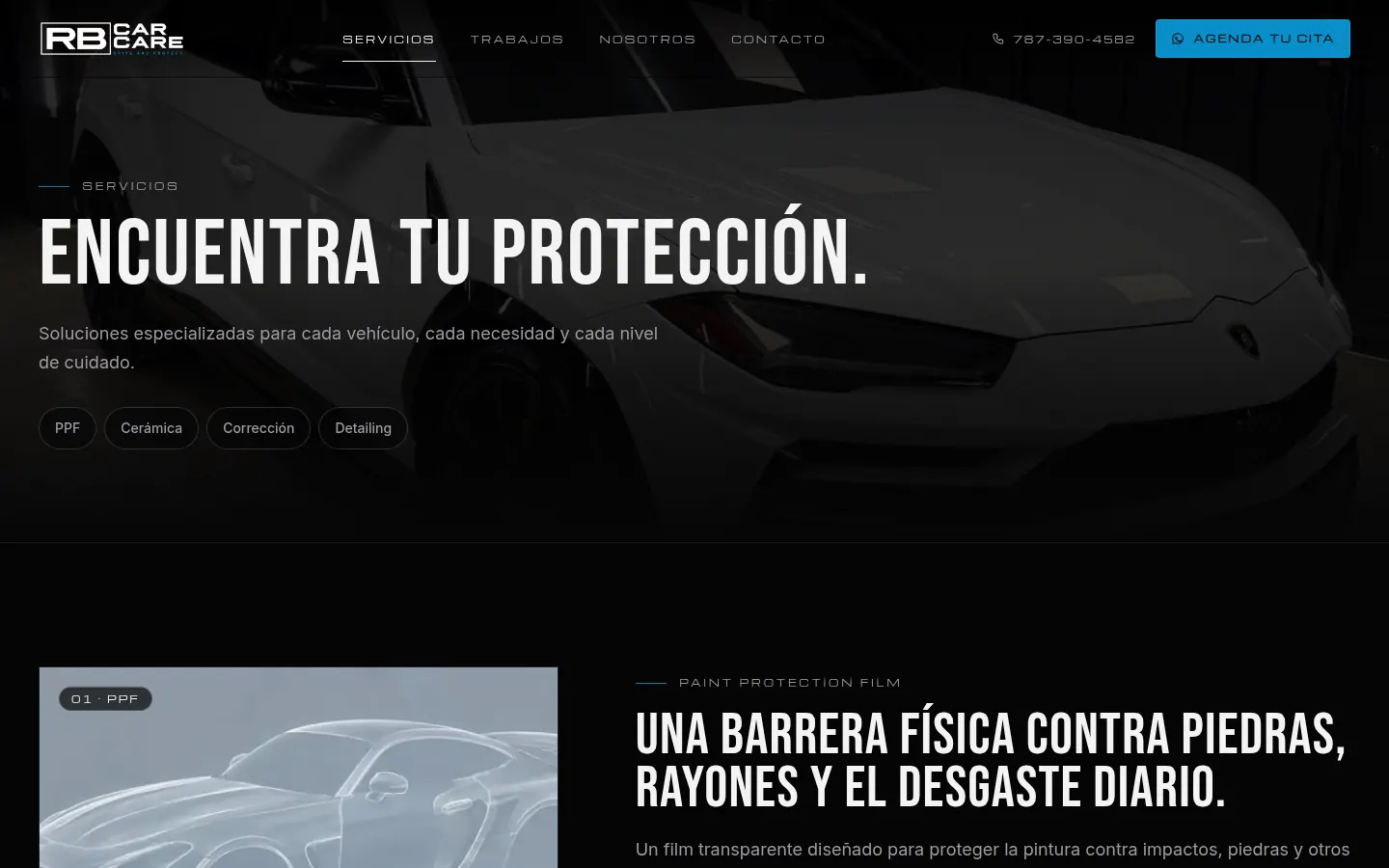 RB Car Care: services page with PPF, ceramic, correction, and detailing (desktop)